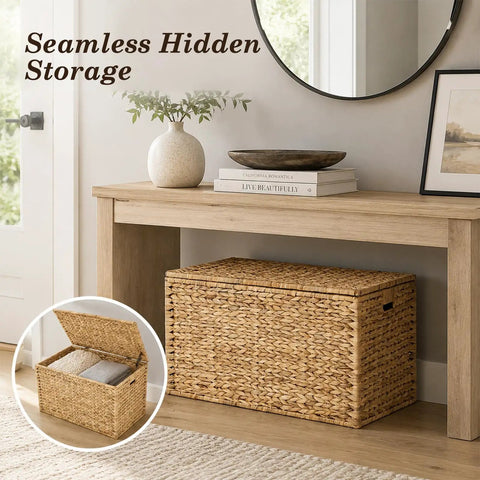 Handwoven Water Hyacinth Storage Trunk With Lid And Handles under console, Rustic Wicker Storage Chest And Storage Bench