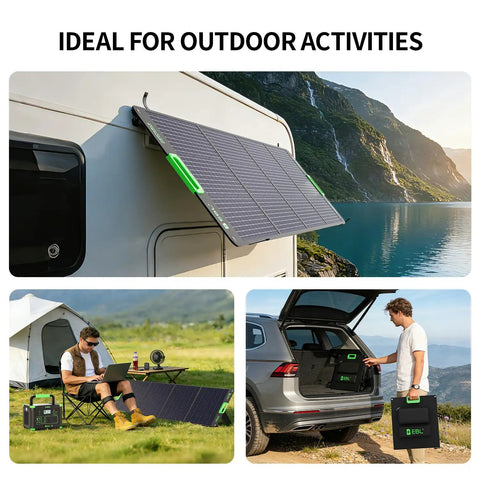 1000W Portable Power Station With 200W Solar Panels for RV and Van Life shown in outdoor camping setup