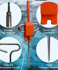 Ice Anchor Tool Kit For Cold Weather Fishing And Camping showing drill adapter, drill connector, anchor, and nail point.