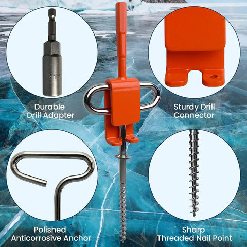 Ice Anchor Tool Kit For Cold Weather Fishing And Camping showing drill adapter, drill connector, anchor, and nail point.