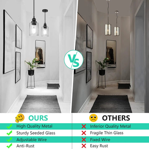 Comparison of 3 Pack Industrial Pendant Lights With Seeded Glass Shades, Black Farmhouse Ceiling Lighting and other inferior models.
