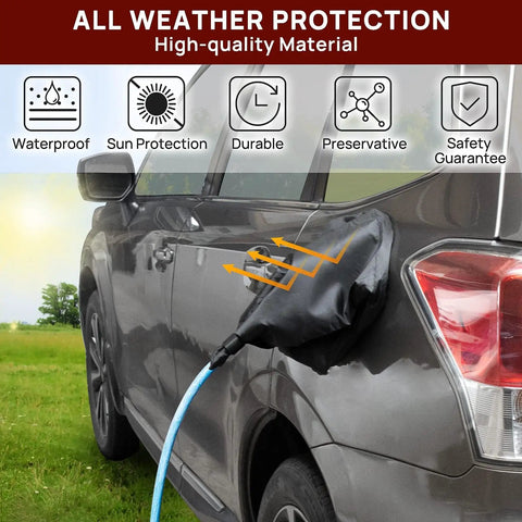 Heavy Duty Magnetic EV Charger Cover Built Like A Tank To Shield Your Electric Ride From Grit And Downpours Sealed All Weather Port Guard With Beefy Magnets In Durable Matte Black on a vehicle.