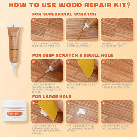 Instruction guide for DIY Wood Repair Kit for Scratches and Cracks on Hardwood, Laminate, Vinyl Floors and Furniture, 12 Color Fillers