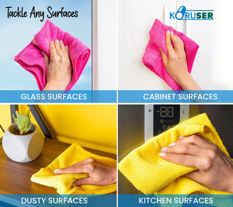 Person cleaning various surfaces with Ultra Soft Microfiber Cloths Reusable And Washable Do It All All Purpose 12 Pack
