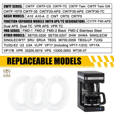 Replacement Silicone Tank Inlet Gasket Set 3 Pack For Coffee Makers And Water Bottles Fits Popular Drip Machines Keeps Tanks Leak Free And Dry With Durable Silicone Construction Simple Install For Home Barista Gear Model 01201.0000, showing compatible models list and gaskets in front of coffee maker