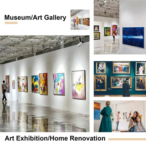 Art gallery displaying various colorful framed artworks on white walls