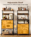 Kitchen Bakers Rack With Power Outlet And Coffee Bar Table Four Tier Space Saving Microwave Stand With Six S Shaped Hooks Storage Shelf For Spices Pots And Pans Rustic Brown Finish Perfect For Tiny Kitchens And Busy Mornings in rustic brown, showing adjustable shelves with various kitchen items.