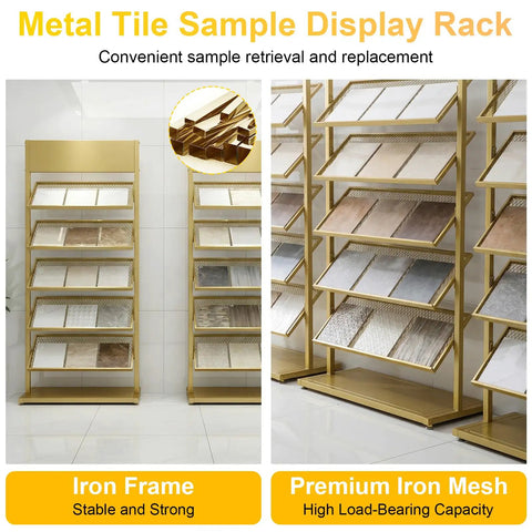 Five Tier Swatch Sample Storage Rack In Gold, Heavy Duty Metal Frame With Dense Wire Mesh, Stable Build For Ceramics, Glass, Building Materials, Space Saving Display Stand For Pro Grade Showcases, 67x35x150 cm