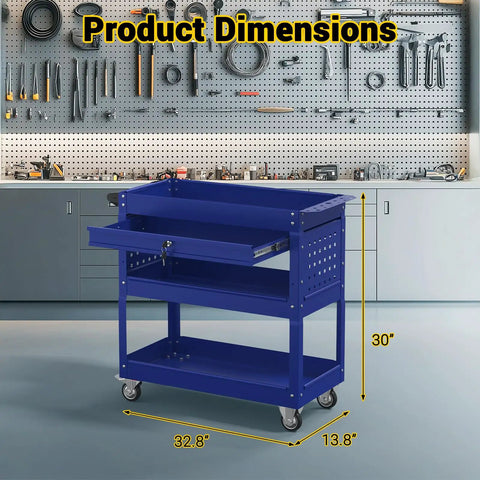 Three Tier Rolling Tool Cart On Wheels With 550-Lb Capacity Drawers Pegboard And Hook Heavy Duty Utility Cart For Garage Shop And Warehouse Dark Blue Finish
