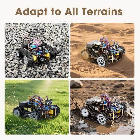 All Terrain Robot Tank Kit For Kids Ages 8 To 12 Arduino Scratch And Python Compatible STEM Toy With Rugged Tracks Remote App Control Learn Coding Hands On Cool Birthday Gift For Boys Girls And Adults on gravel, sand, grass, and mud