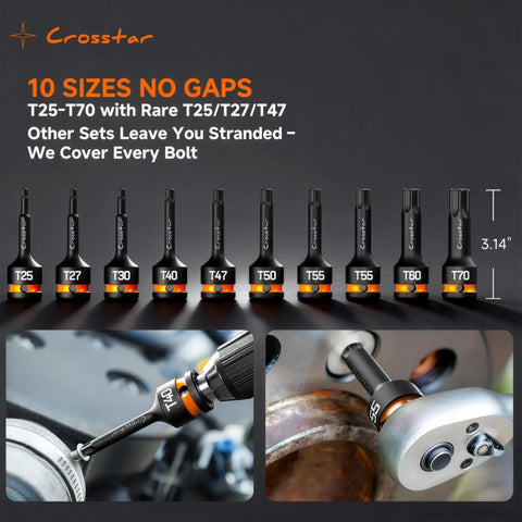 Rock Solid Heavy Duty T Forty Impact Torx Socket Set Long Star Bits Half Inch Drive With Epoxy Fill Markings on tool display