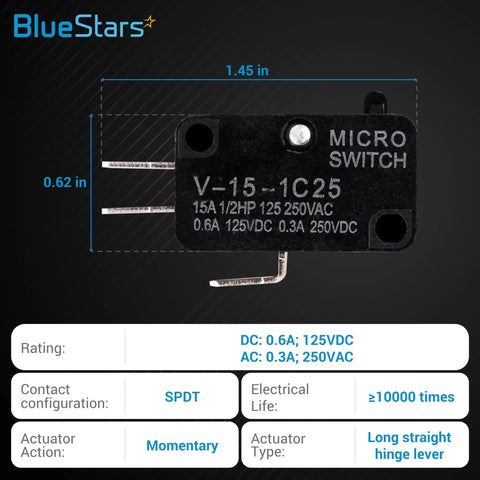 V-15-1C25 Micro Limit Switch Blade Momentary 15A 250VAC 125VDC with long straight lever for DIY and automation projects