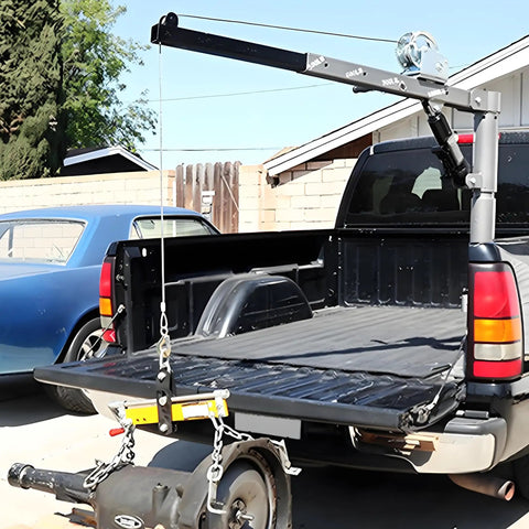 Beefy Heavy Duty Pickup Truck Crane With 1000 Lbs Capacity, Hydraulic Hoist And Manual Winch, mounted in truck bed