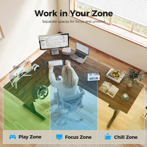 Agilestic L-Shape Standing Desk 63 Inch Electric Height Adjustable Sit Stand Corner Computer Table With Splice Board Dark Walnut showing work zones.