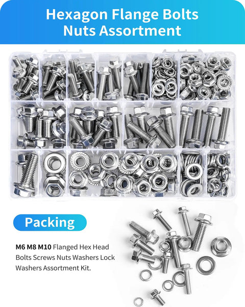 Beefed Up 300 Piece Metric Flange Bolt Kit With M6 M8 M10 Flange Hex Bolts And Nuts And Washers, 304 Stainless Steel Serrated Flange Bolts And Nuts, 12mm To 30mm Length, Silver in storage box.