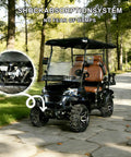 Sleek Black 4-Seater Electric Golf Cart With Raised Stance, Heavy Duty Shocks, Plug And Play Charging, Flex Cargo Trunk, 44 Mile Range Weekend Warrior Build For Parks And Hotel Runs showcasing adjustable shock absorption system.