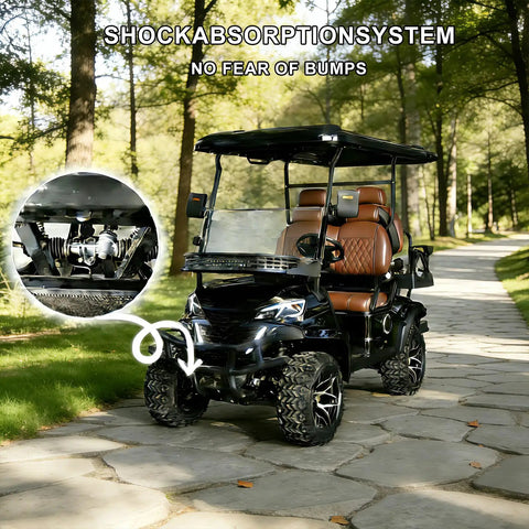Sleek Black 4-Seater Electric Golf Cart With Raised Stance, Heavy Duty Shocks, Plug And Play Charging, Flex Cargo Trunk, 44 Mile Range Weekend Warrior Build For Parks And Hotel Runs showcasing adjustable shock absorption system.