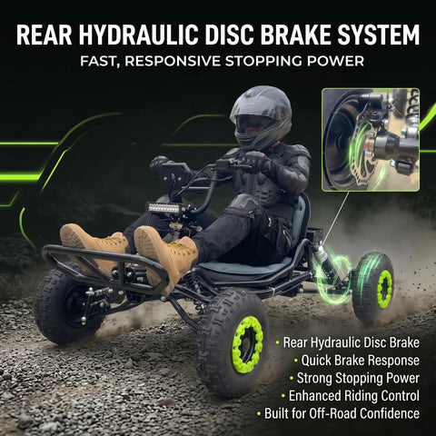 Rider on an Electric Go Kart For Adults And Teens, 48V 20Ah Battery, 2000W Motor, All Terrain 6 Inch Tires, demonstrating rear hydraulic disc brake