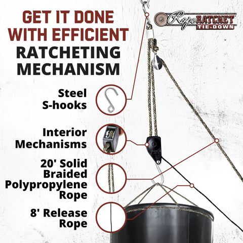 Beefed-Up Three Eighths Inch Braided Rope Block And Tackle System With Heavy Duty Pulley Hoist, 20 Foot Length in action