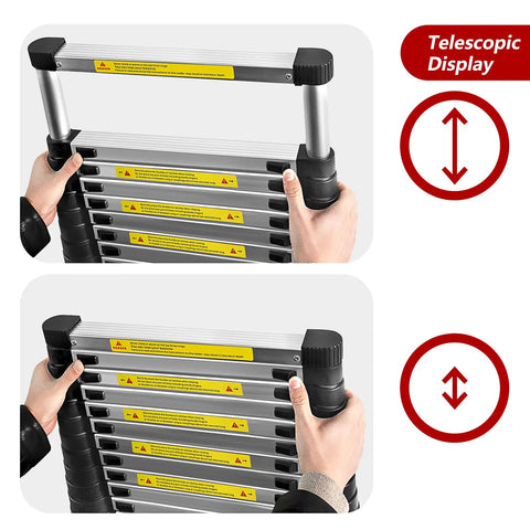Hands adjusting Telescoping Aluminum Ladder 12 Rungs, Heavy Duty Extension Ladder With 330 Lb Load Capacity, Collapsible Design