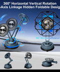 Rock Solid All Metal Alloy Long Arm Magnetic Car Phone Mount With Premium Navy Blue Finish showing 360° rotation design.
