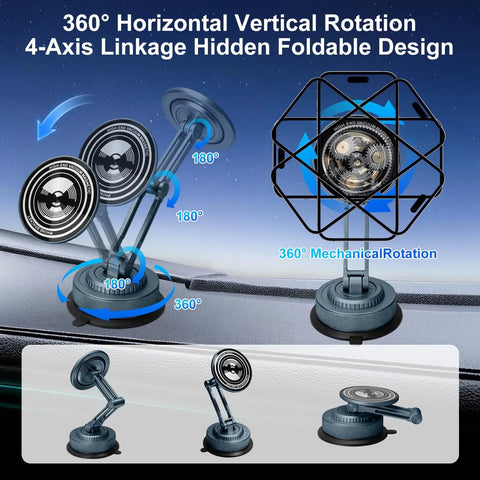 Rock Solid All Metal Alloy Long Arm Magnetic Car Phone Mount With Premium Navy Blue Finish showing 360° rotation design.