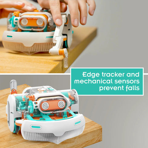 Dusty Robot Vacuum Cleaner STEM Kit Build Your Own Desktop Robotic Vacuum With Sensors Smart Navigation Edge Tracking And Movable Probe Arm Kid Friendly Educational Toy For Ages Eight Plus Or Adults on wooden desk