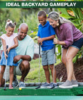 Family using Indoor Golf Putting Green Game Set With Metal Putter And Balls, 8.5 Ft Velvet Track Three Hole Putt Mat Outdoors