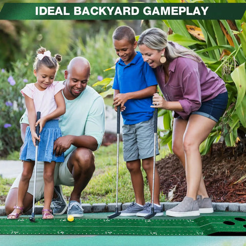 Family using Indoor Golf Putting Green Game Set With Metal Putter And Balls, 8.5 Ft Velvet Track Three Hole Putt Mat Outdoors