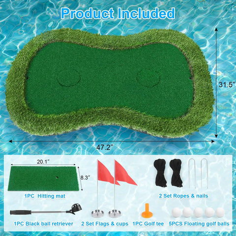 Floating Golf Green For Pool And Lake With Dual Cup Design, green mat, flags, balls, retriever, EVA base, 47.2 x 31.5 inch