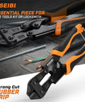 Beefy 36 Inch Bolt Cutter With Non Slip PVC Grips Long Handle For Cutting Bolts Chains Locks Wire Mesh Rebar Fence Cable And More Heavy Duty Hand Jaws Tool with rubber grips on metal surface.