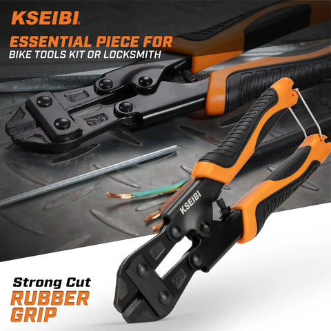 Beefy 36 Inch Bolt Cutter With Non Slip PVC Grips Long Handle For Cutting Bolts Chains Locks Wire Mesh Rebar Fence Cable And More Heavy Duty Hand Jaws Tool with rubber grips on metal surface.