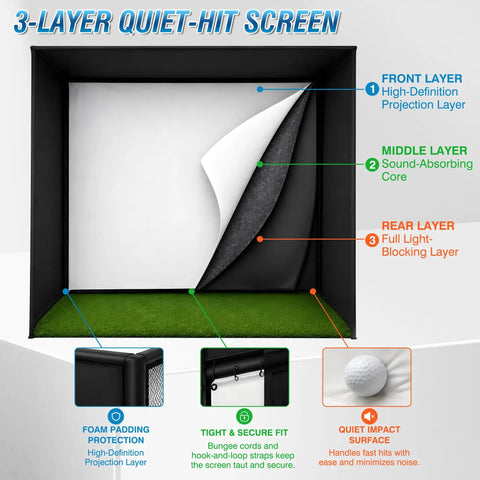 Golf Simulator Enclosure 10 x 8 Ft With Dual Layer Impact Screen Anti Rebound Hitting Cage For Indoor Garage Practice Blackout
