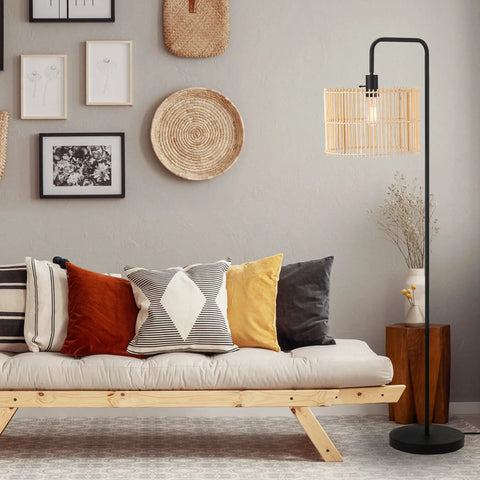 58 Inch Matte Black Floor Lamp With Bamboo Shade That Peeks Through, Easy On Off Rotary Socket Switch, Cozy Cottagecore Vibe
