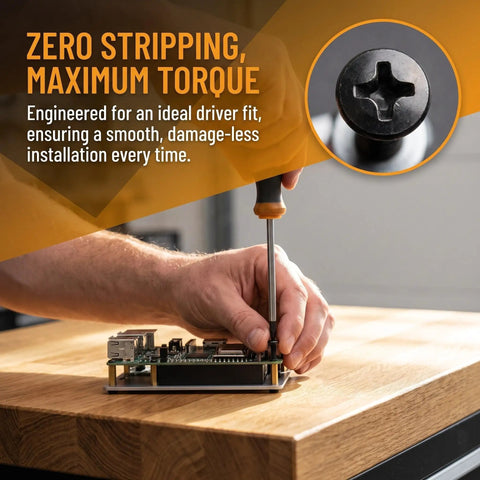Hand using screwdriver on M4x14mm black pan head self tapping screw, securing hardware on wood cabinet.
