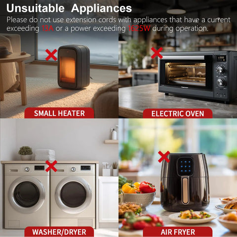 Image showing appliances not suitable for use with Indoor Outdoor 50 Ft Waterproof Extension Cord With 16/3 Gauge SJTW, Heavy Duty 13A 1625W.