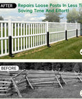 Battle Ready Four Pack Fence Post Repair Kit With One Piece Galvanized Steel Anchors And Rust Resistant Stakes For Tough Backyard Setups and Efficient Outdoor Fixes, improved fence stability before and after.