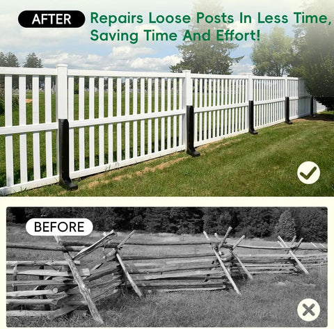 Battle Ready Four Pack Fence Post Repair Kit With One Piece Galvanized Steel Anchors And Rust Resistant Stakes For Tough Backyard Setups and Efficient Outdoor Fixes, improved fence stability before and after.
