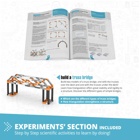 Open instruction manual and truss bridge model from Hands On Engineering Kit For Kids 9 Plus Build 9 Real Structures From House To Pyramid And Bridges Learn STEM Projects And Creative Engineering Toys For Boys And Girls A Totally Fun Nine Model Set