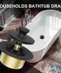 Matte Black Bathtub Drain And Overflow Kit With Hair Catcher Stopper Clog Proof Build For Modern Bath displayed over a stylish tub.