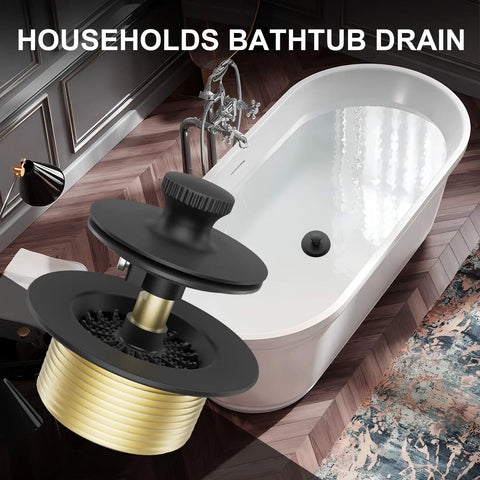 Matte Black Bathtub Drain And Overflow Kit With Hair Catcher Stopper Clog Proof Build For Modern Bath displayed over a stylish tub.