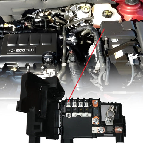 Top Grade Battery Distribution Fuse Block For Chevy Malibu 2014 To 2016 showing fuses and connections in engine compartment.