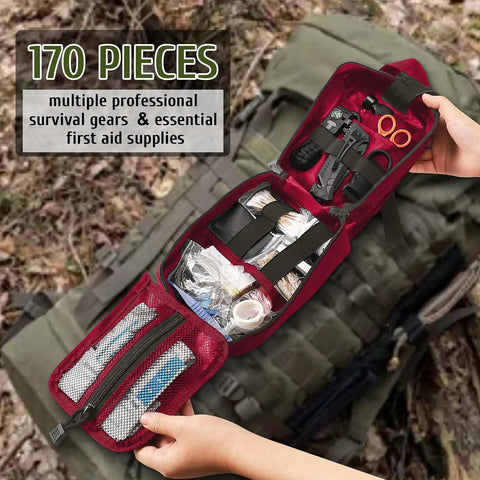 170 Piece Survival First Aid Kit With Trauma Gear And Emergency Medical Supplies For Hiking Camping Trekking Outdoor Adventures Bug Out Bag Ready Ideal Gift For Him Dad Christmas