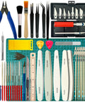 DIY Tool Kit For Gundam Gunpla Building And Dollhouse Miniatures with cutting mat, precision knives, tweezers, and files displayed