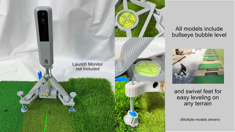 Leveling And Alignment Stand With Integrated Green Alignment Line And Rechargeable Battery For MLM2Pro And R10 Launch Monitors No Fuss Setup For Hit Perfect Shots Indoor Outdoor Use, showcasing bullseye bubble level and swivel feet