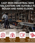 Industrial workshop with cast iron semi-steel casters, showcasing high load-bearing and temperature resistance on workbenches.