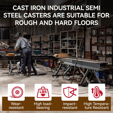 Industrial workshop with cast iron semi-steel casters, showcasing high load-bearing and temperature resistance on workbenches.
