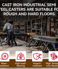 Heavy Duty 4 Inch Cast Iron Caster Wheels Rigid Plate Mount 12 Pack Tough As Nails Industrial Cart Replacement Parts Built Like A Tank For Garage Workshop Applications in a workshop setting.