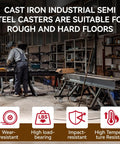 Worker in industrial workshop with cast iron swivel casters, highlighting wear-resistance and durability on rough floors.