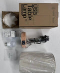 Round Fabric Shade Bedside Lamp With USB Ports And Touch Control 3 Way Dimmable Nightstand Light components laid out.